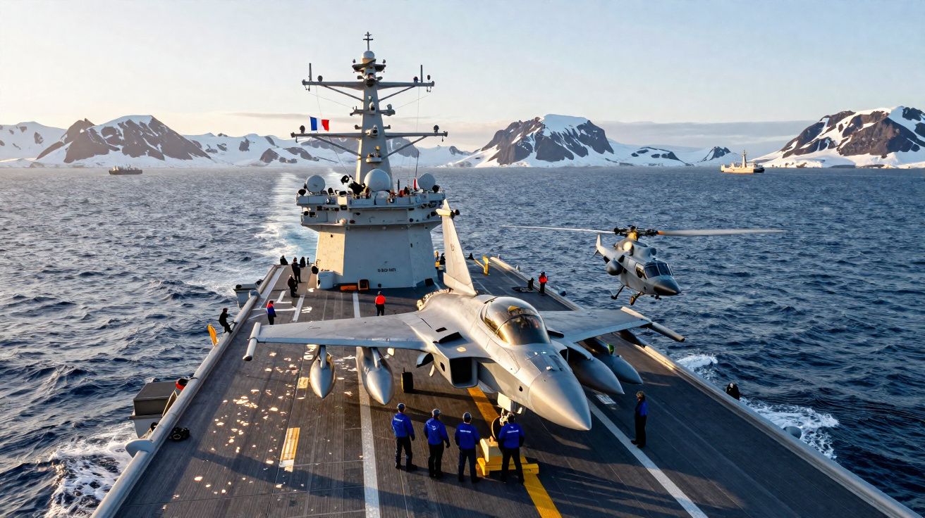 Porta-aviões com caça e helicóptero na pista, mar calmo e montanhas geladas ao fundo.