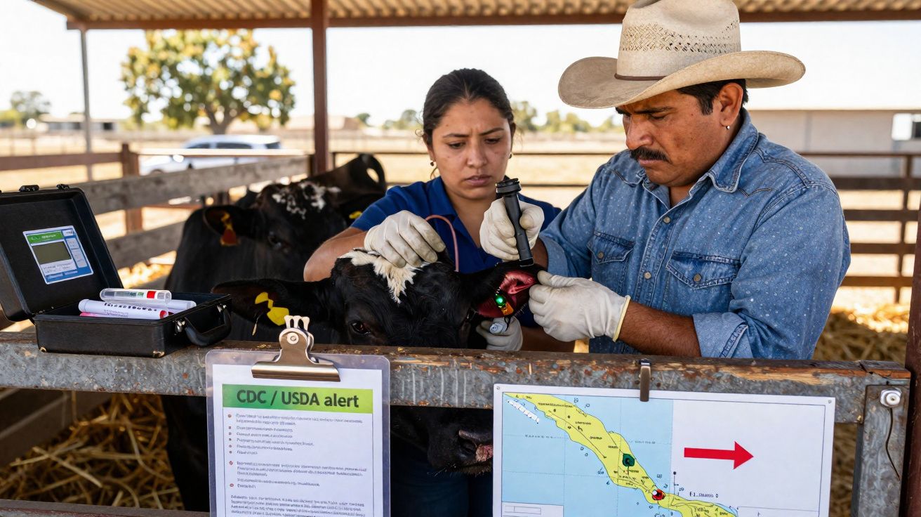 Dois técnicos veterinários a examinar e aplicar dispositivo auditivo em bezerro numa quinta exterior.
