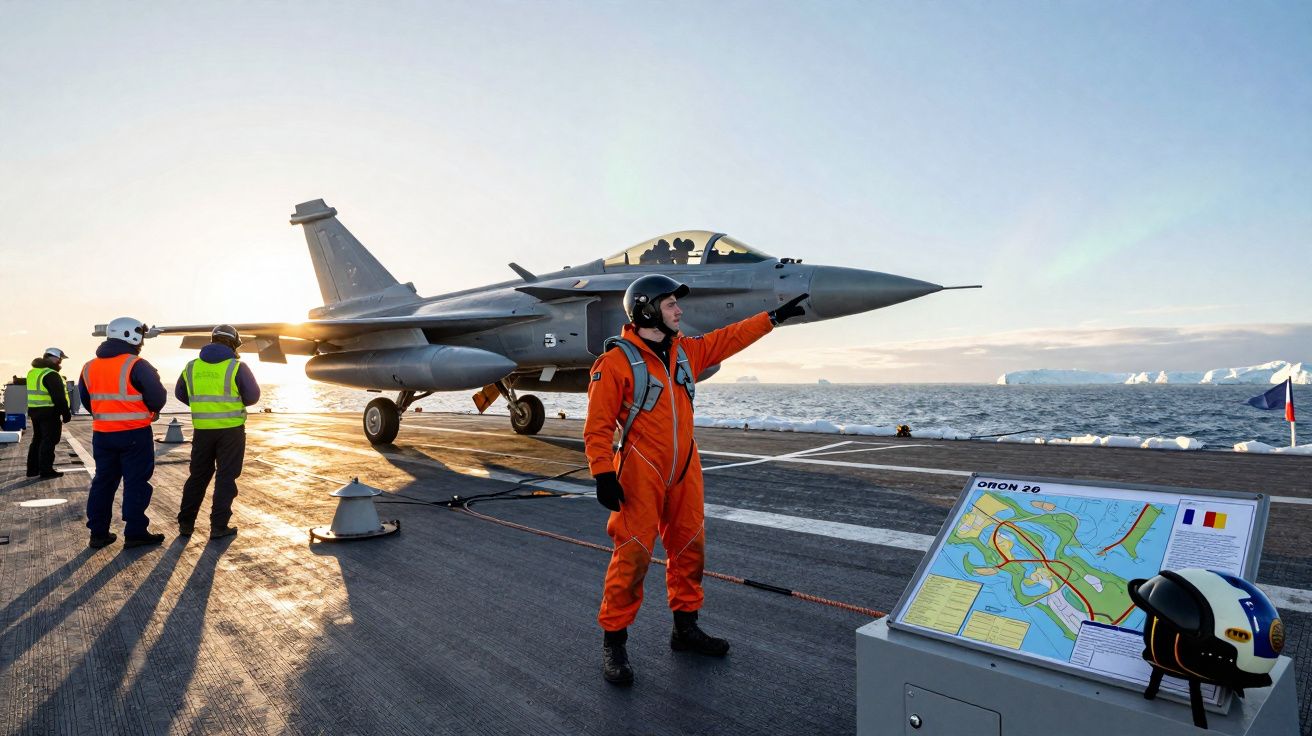 Pessoal de voo no convés de porta-aviões com jato militar estacionado ao pôr do sol no oceano gelado.