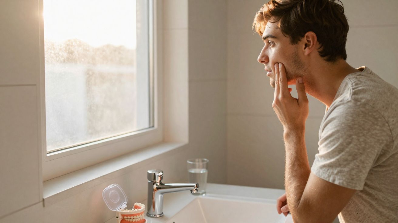 Homem jovem olha para o espelho no banho, com mão no rosto, ao lado de modelo dentário e copo de água.