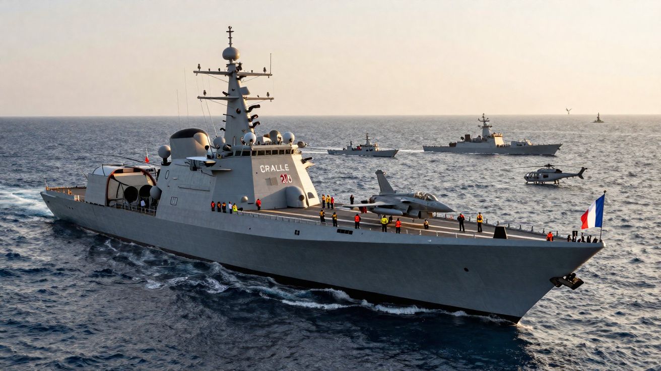 Fragata militar francesa em mar aberto com tripulação no convés e helicóptero ao lado.