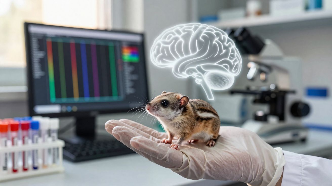 Cobaias laboratórias com foco em neurociência, rato em mão com cérebro digital sobreposto em laboratório.