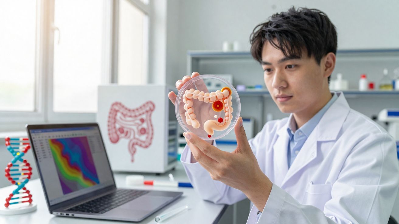 Cientista em laboratório a analisar modelo 3D do intestino humano com coloração em zonas específicas.