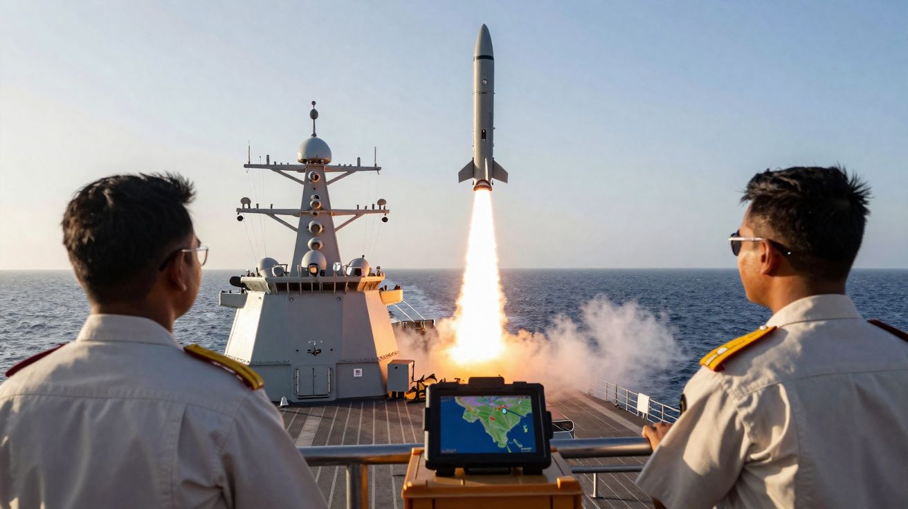 Dois oficiais militares observam lançamento de míssil a partir de um navio no mar aberto.