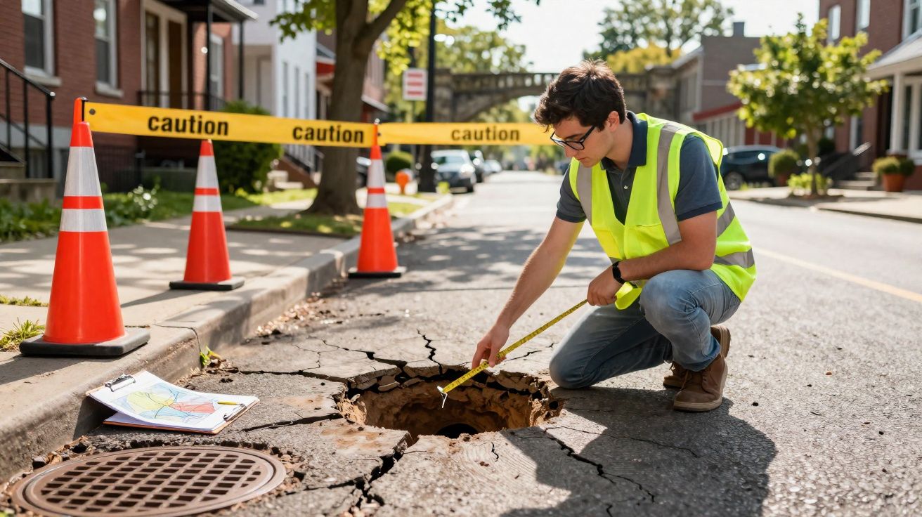 Homem com colete refletor mede buraco grande na estrada, rodeado por cones e fita de aviso de perigo.