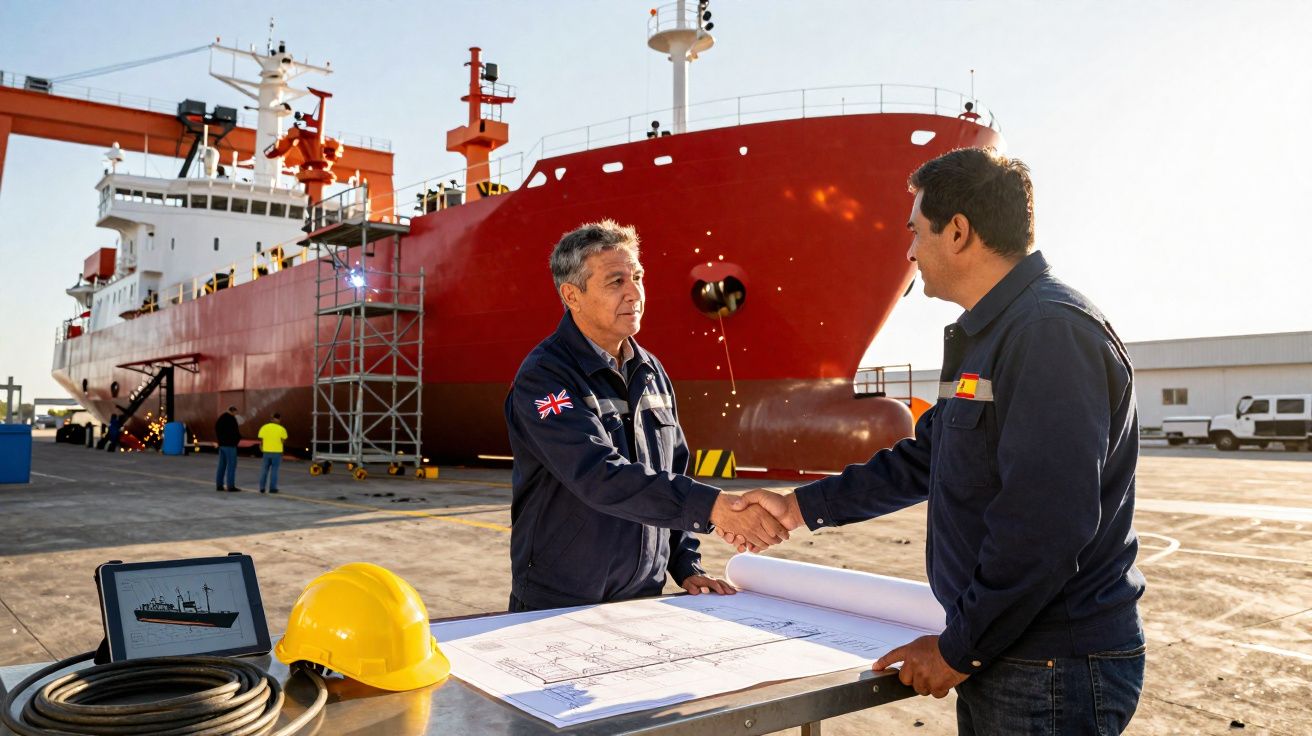 Dois engenheiros a cumprimentar-se junto a mesa com planta, capacete e navio ao fundo em doca seca.