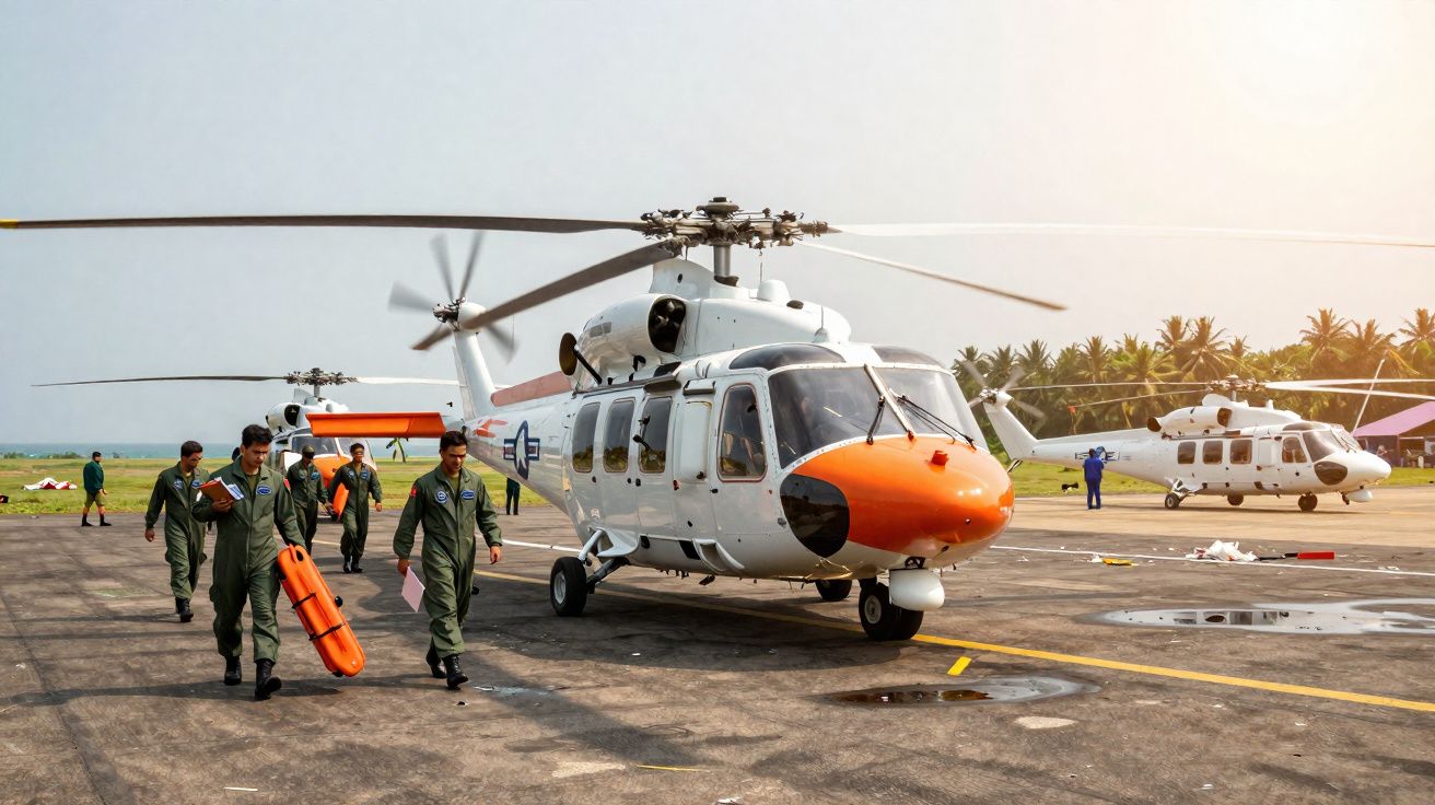 Helicópteros brancos militares estacionados com três pessoas de uniforme verde a caminhar numa pista de aterragem.