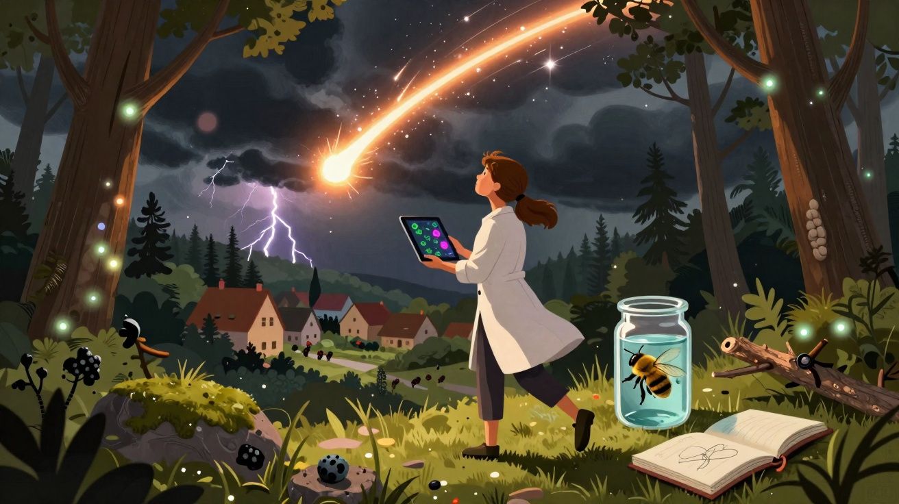 Mulher cientista no campo à noite com tablet observa um cometa, abelha num frasco, caderno aberto e relâmpagos ao fundo.