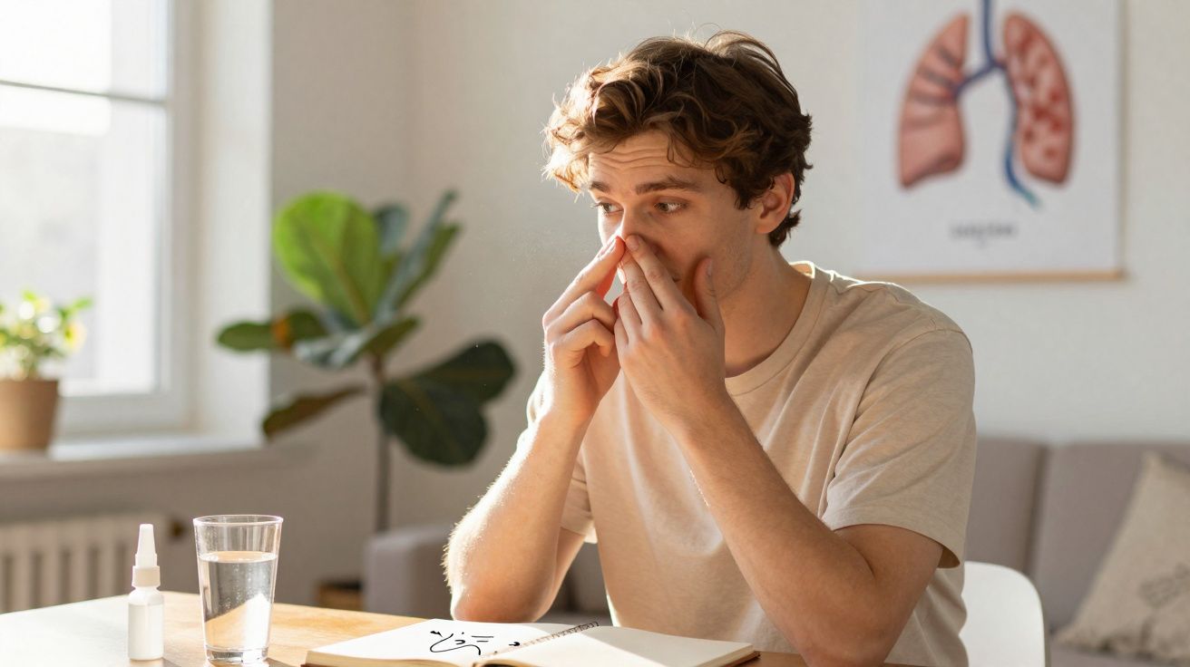 Homem sentado a tocar no nariz, com frasco de spray nasal e copo de água sobre a mesa.