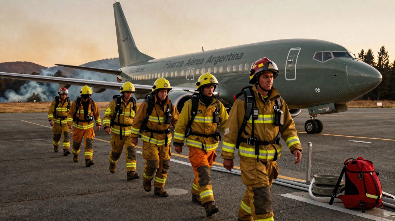 Grupo de bombeiros em uniforme a caminhar em fila junto a avião militar na pista ao pôr do sol.