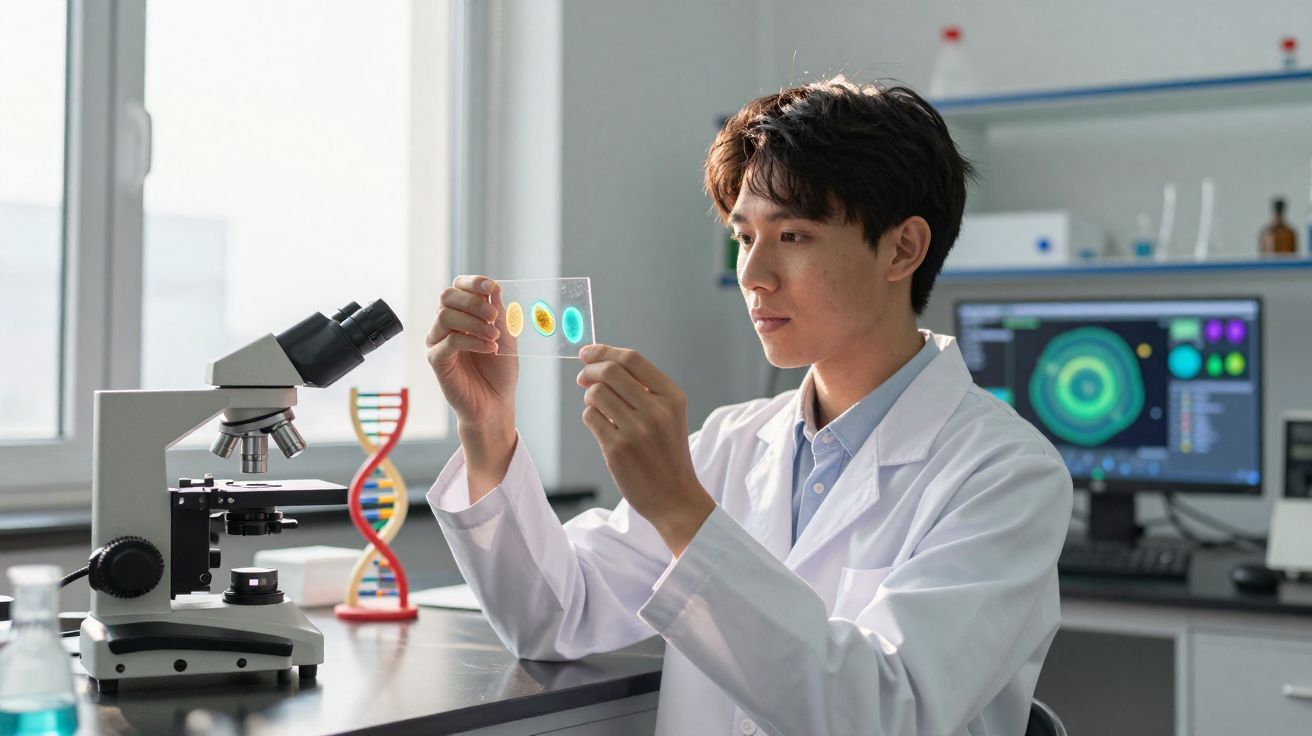 Cientista em laboratório a analisar lâmina com colóides coloridos, microscópio e modelo de ADN ao lado.