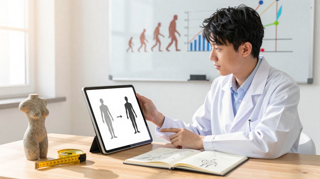 Cientista ou médico com bata branca sentado à mesa, a mostrar evolução humana num tablet num consultório.