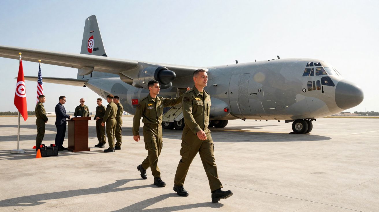 Militares em uniforme caminham junto a avião militar cinzento na pista, com bandeiras da Tunísia e Estados Unidos ao fundo.