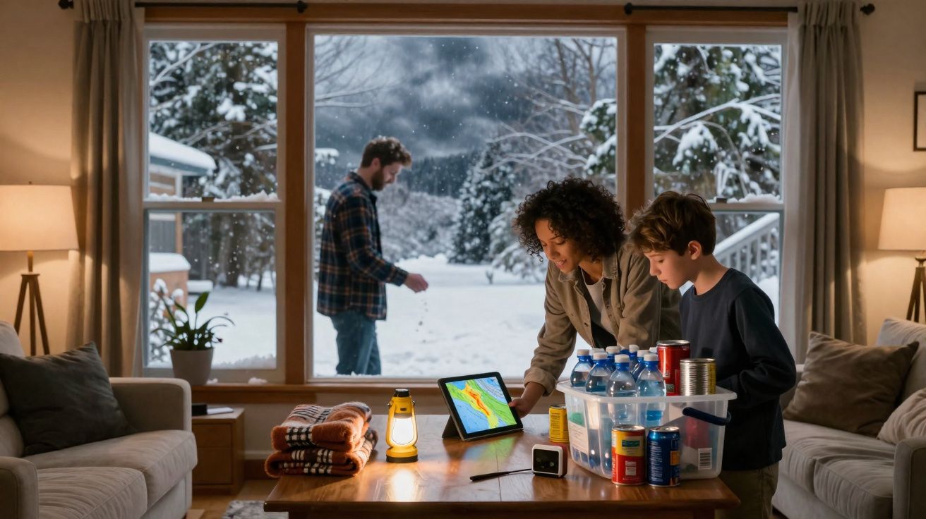 Família prepara-se para emergência dentro de casa com mantas, alimentos e água, neve visível no exterior.