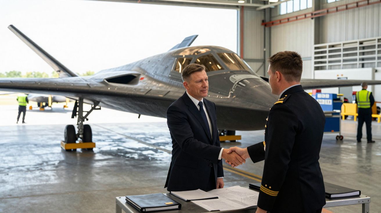 Dois homens a cumprimentarem-se num hangar, com um avião militar prateado ao fundo.