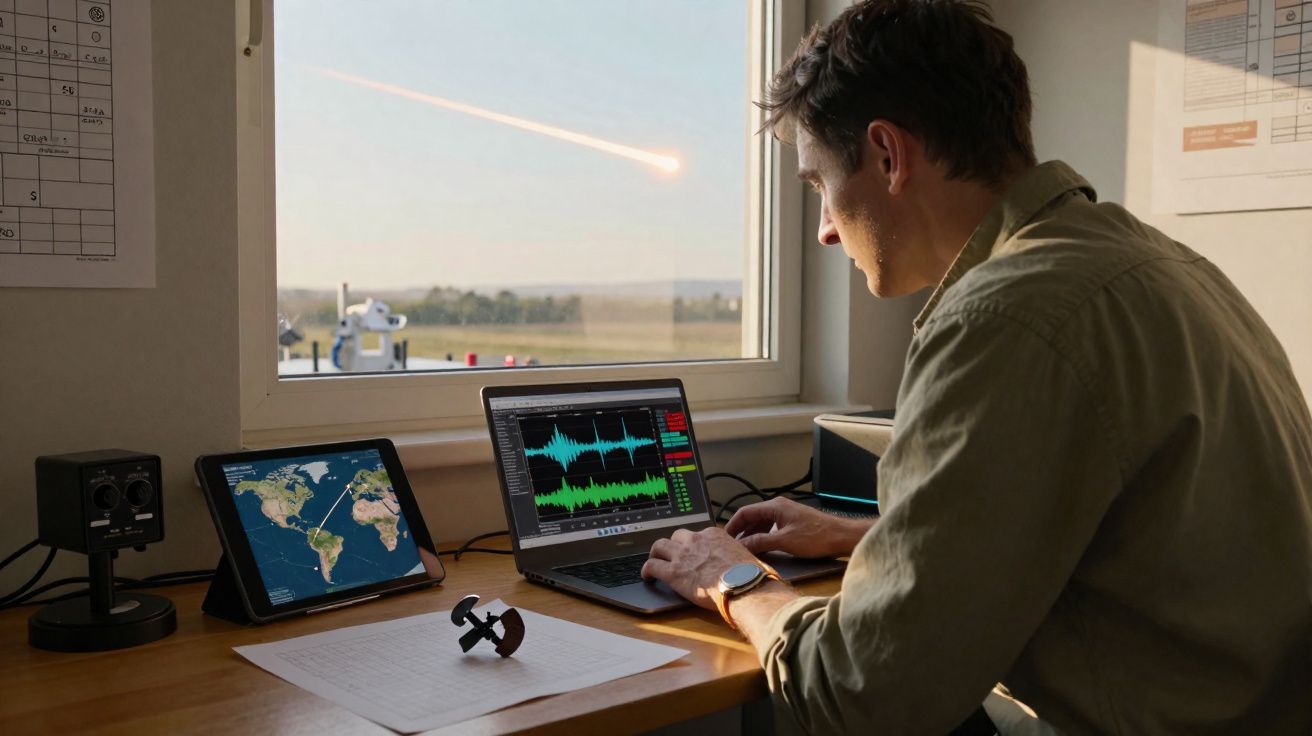 Homem a trabalhar num computador portátil com gráficos de ondas sonoras junto a uma janela com vista para o campo.