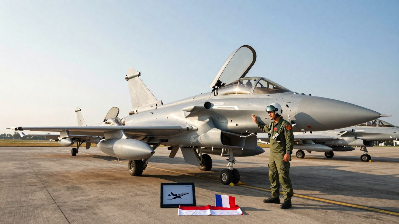 Caça militar estacionado no solo com piloto uniformizado e capacete em pista aérea sob céu limpo.