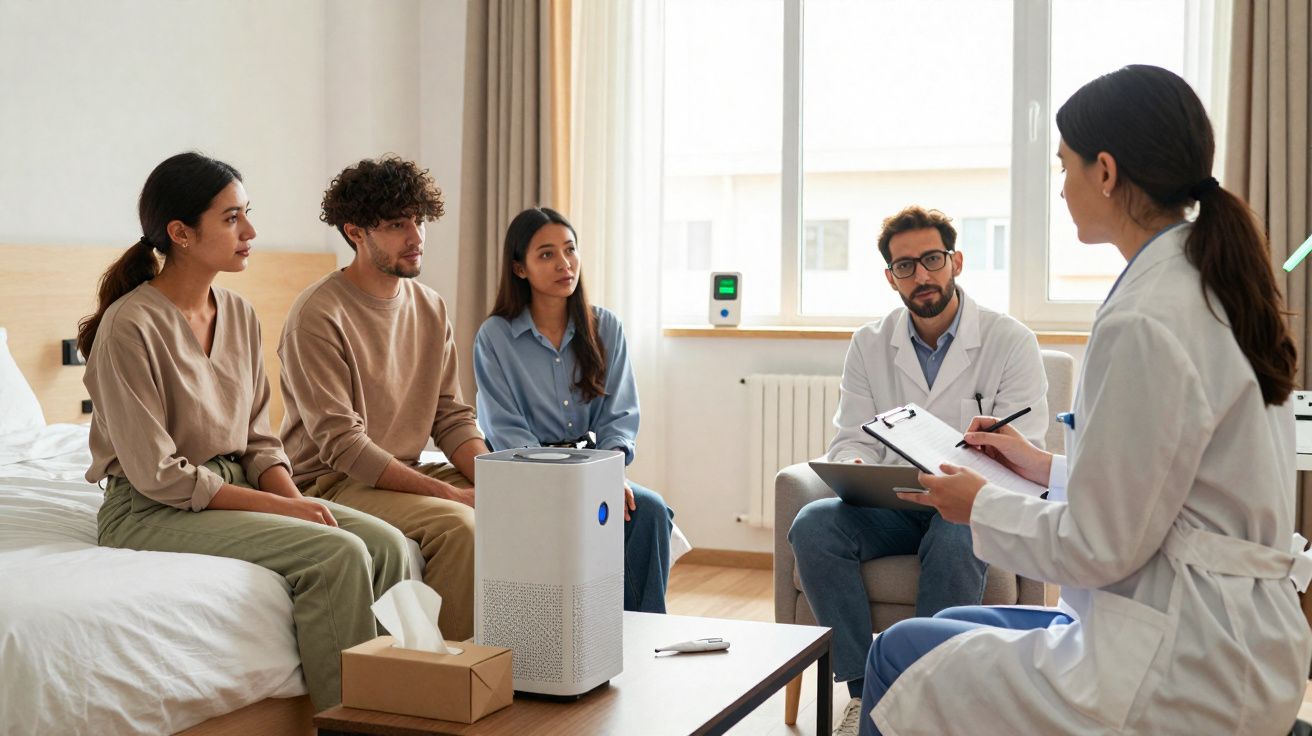 Grupo de pacientes numa consulta médica em clínica discutindo cuidados com dois médicos.