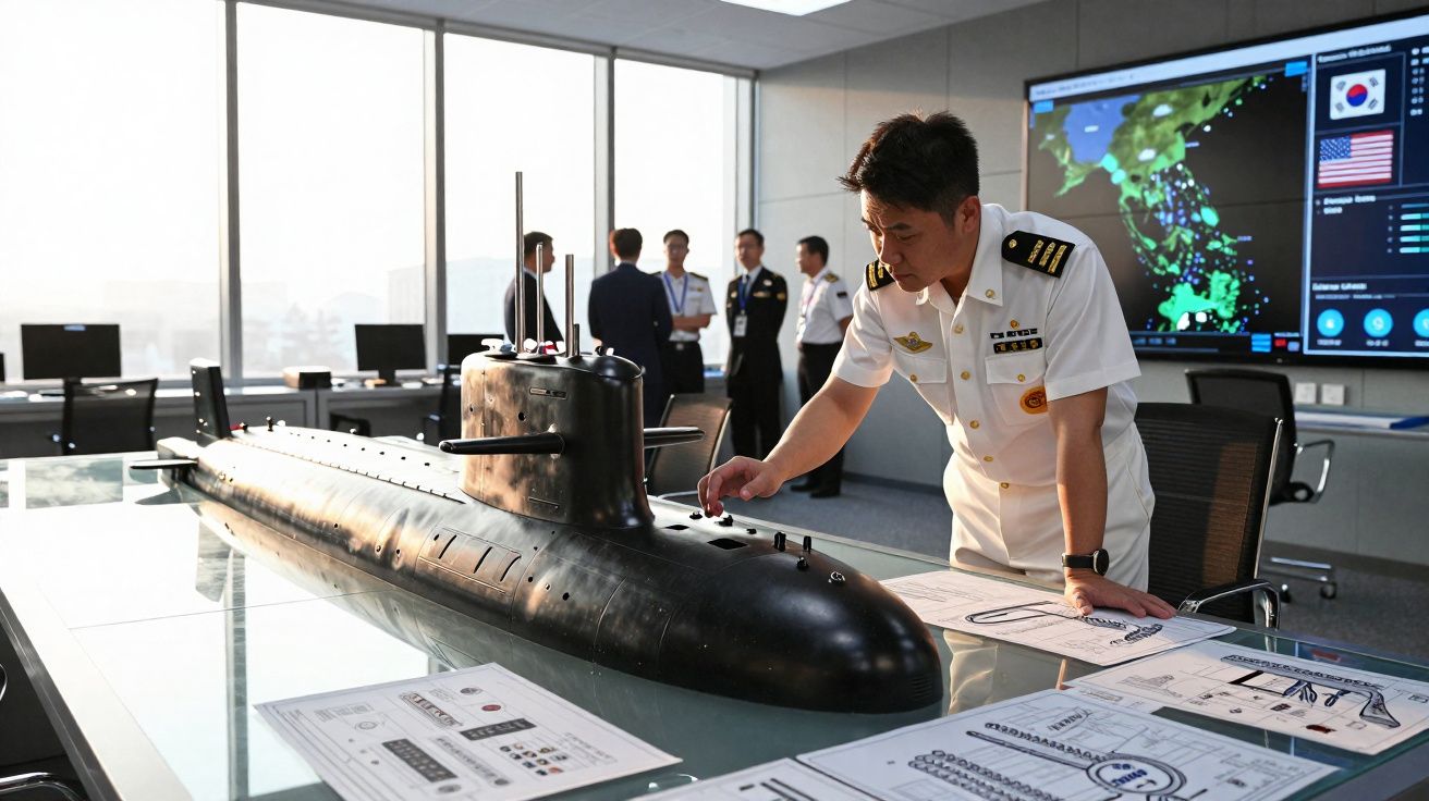 Oficial naval em uniforme branco examina modelo de submarino numa sala de reuniões com mapas digitais ao fundo.