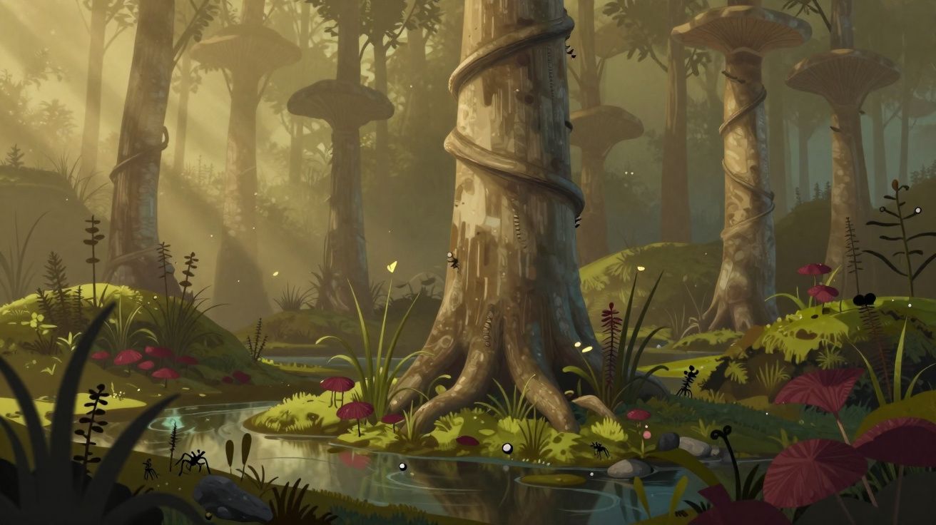 Floresta mágica com árvores altas, cogumelos gigantes, vegetação diversa e pequenos insectos brilhantes junto a um riacho.