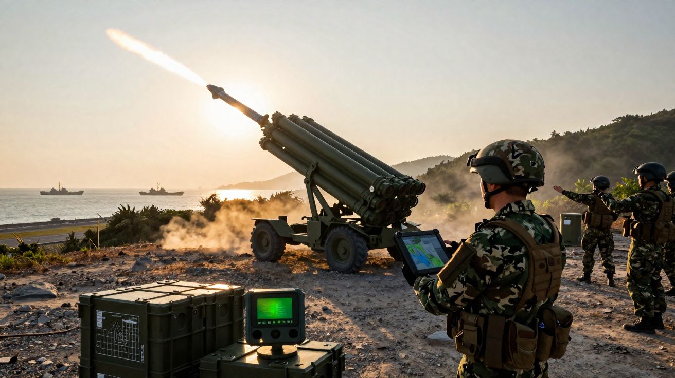 Soldados em uniforme camuflado operam lança-foguetes múltiplos junto ao mar durante lançamento ao pôr do sol.