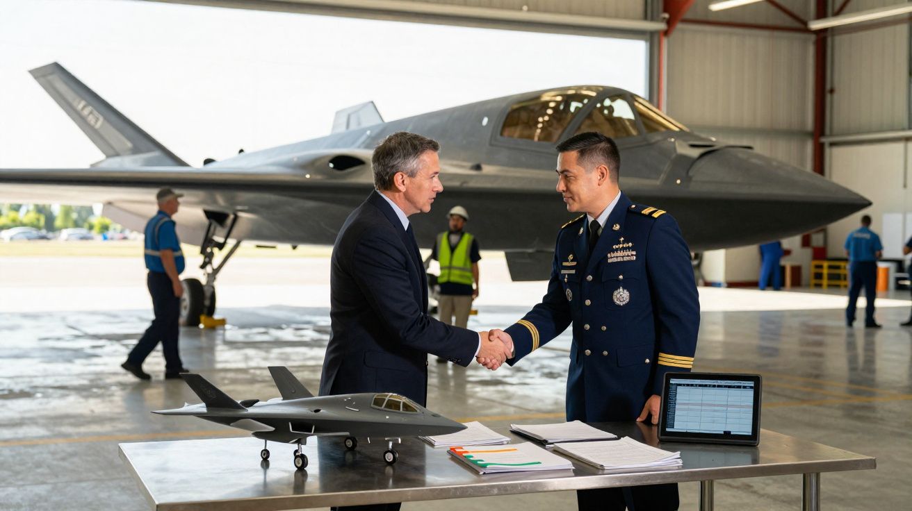 Dois homens cumprimentam-se junto a uma mesa com maquete de avião, documentos e tablet, com jato militar ao fundo.