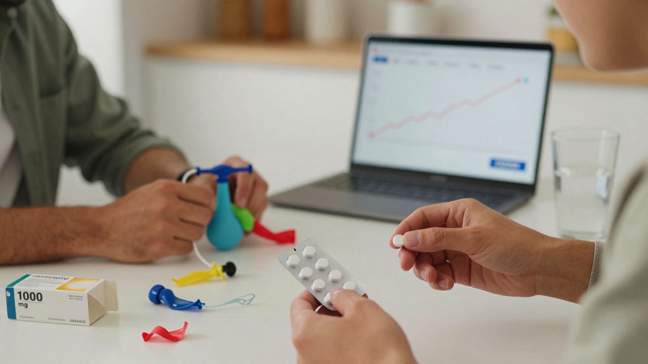 Duas pessoas numa mesa com comprimidos, balões coloridos e um portátil com gráfico financeiro aberto.