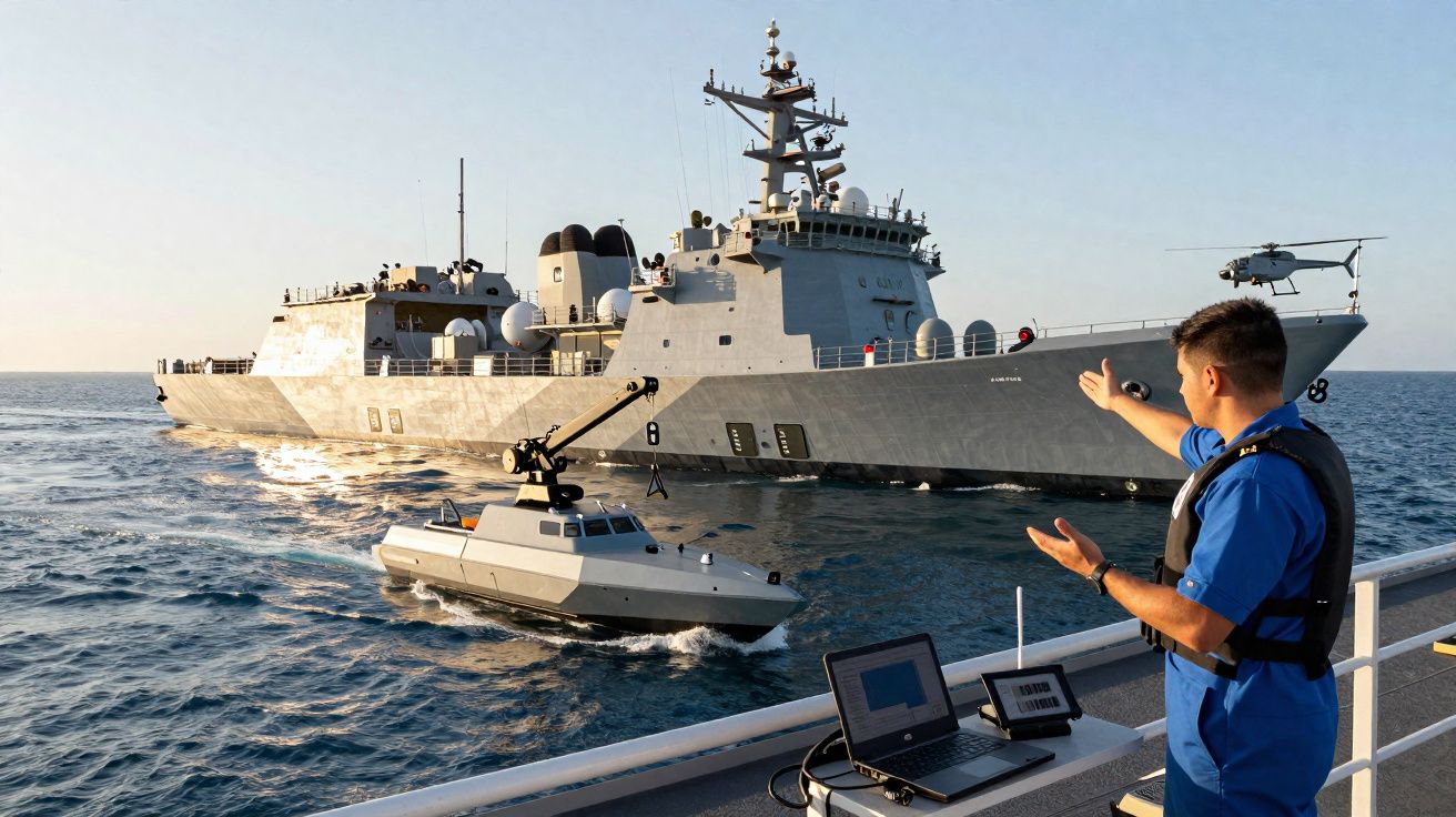 Marinheiro controla drone naval diante de fragata e helicóptero no mar durante o pôr do sol.