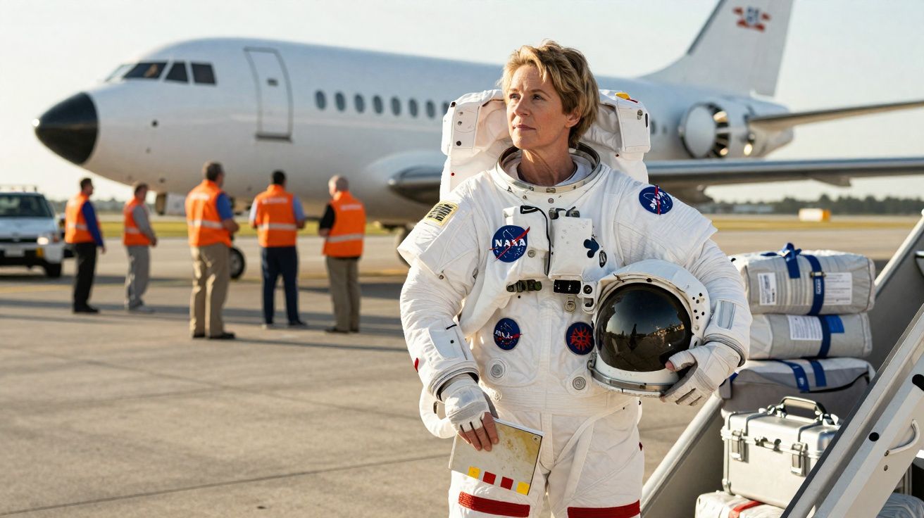 Astronauta de fato espacial branco segura capacete ao lado de avião num aeroporto, com grupo de pessoas ao fundo.