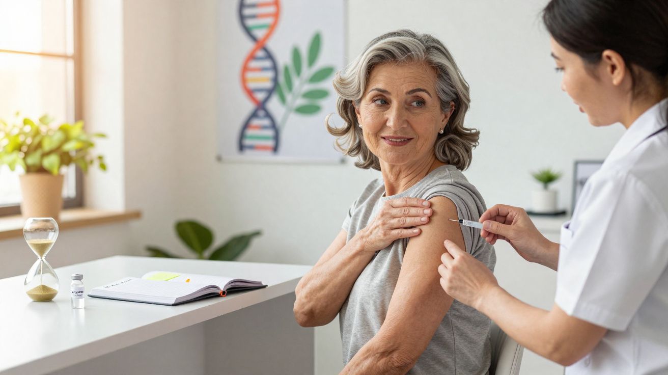 Mulher idosa a receber vacina no braço, sentada, com profissional de saúde a administrar injeção num consultório.
