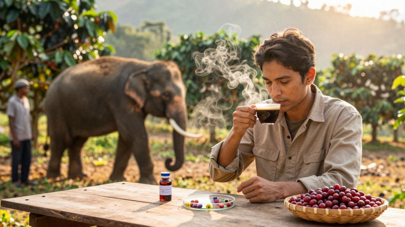 Homem a saborear café quente numa mesa com cerejas, elefante e homem ao fundo numa plantação.