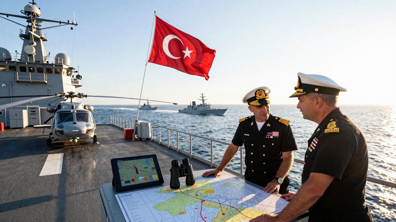 Dois oficiais navais em convés de navio turco com mapa, binóculos e helicóptero ao fundo.