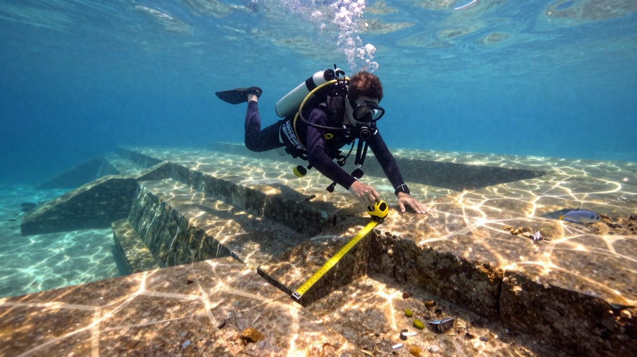 Mergulhador a medir estruturas subaquáticas antigas com uma fita métrica amarela.