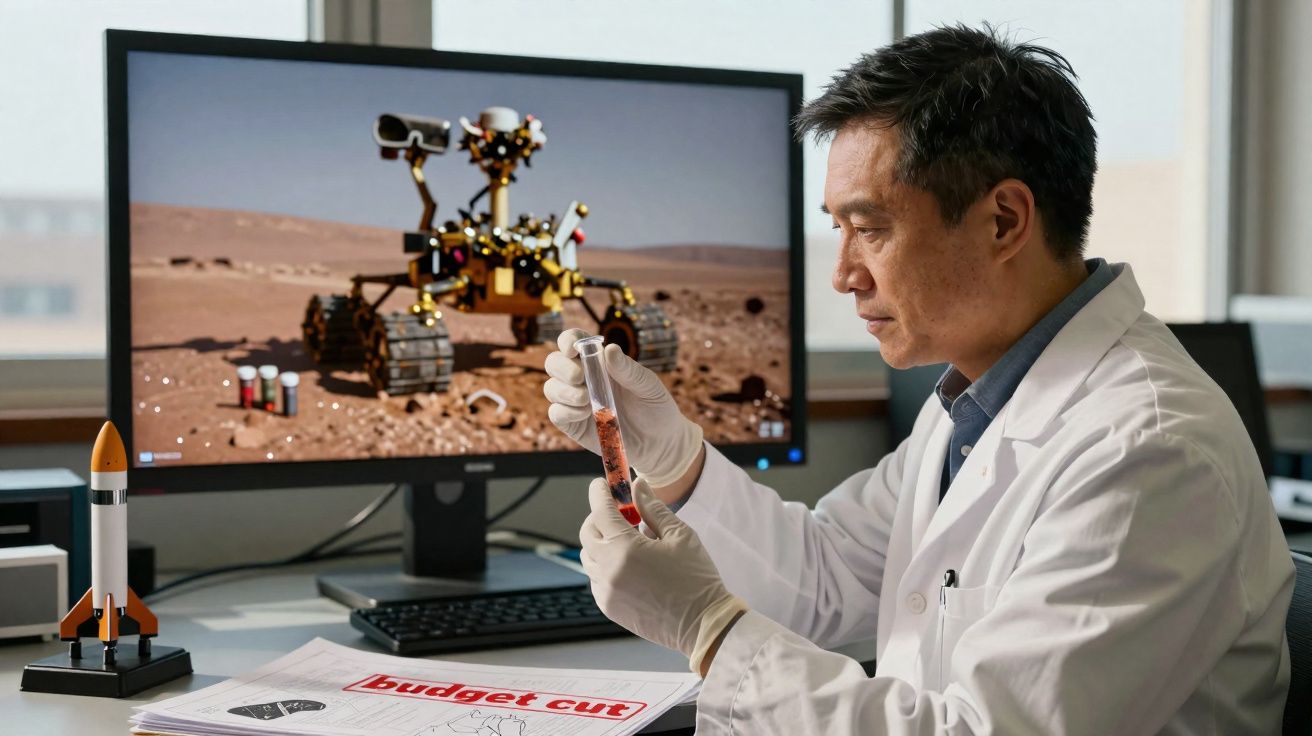 Cientista de máscara branca a analisar amostra de solo com imagem de robô explorador no ecrã ao fundo.