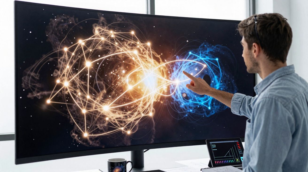 Homem a interagir com ecrã grande que mostra estruturas luminosas laranja e azul em padrão complexo.