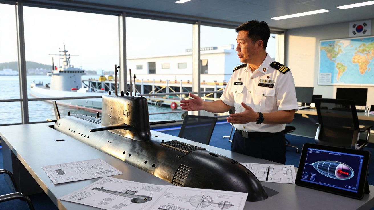 Oficial naval apresenta maquete de um submarino numa sala com plantas e ecrã digital.