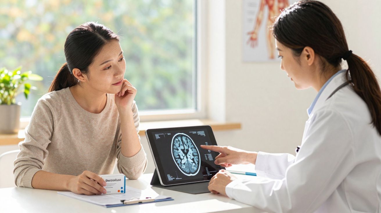 Médica explica resultados de exame cerebral para paciente numa consulta em consultório iluminado.