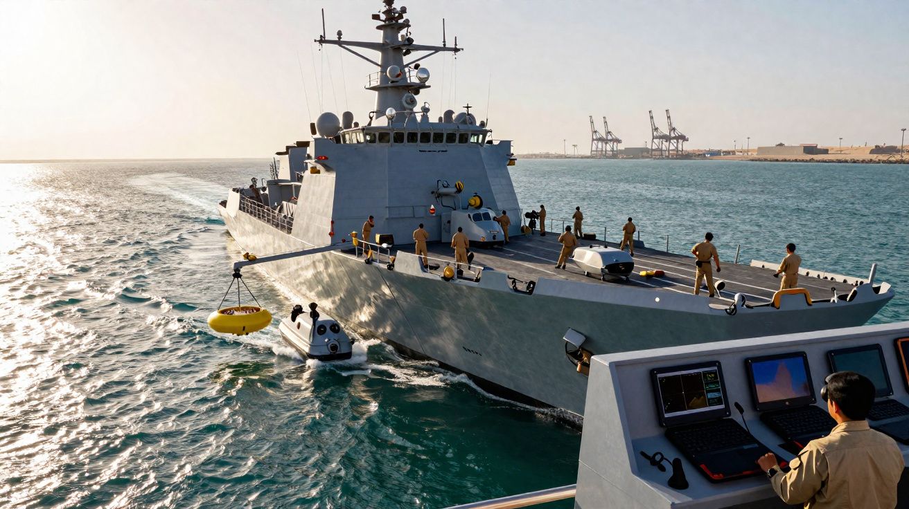 Navio militar com tripulação lança um robô subaquático amarelo no mar junto a um porto industrial.