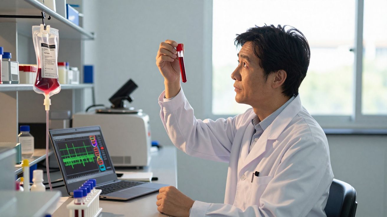 Cientista em bata branca observa tubo com sangue num laboratório moderno e equipado com laptop e instrumentos.