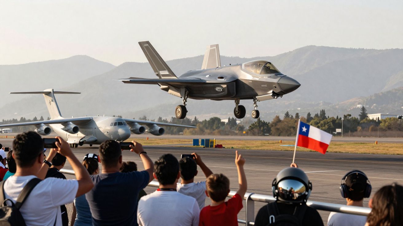 Avião de caça a descolar com público a observar e bandeira do Chile numa pista rodeada por montanhas.