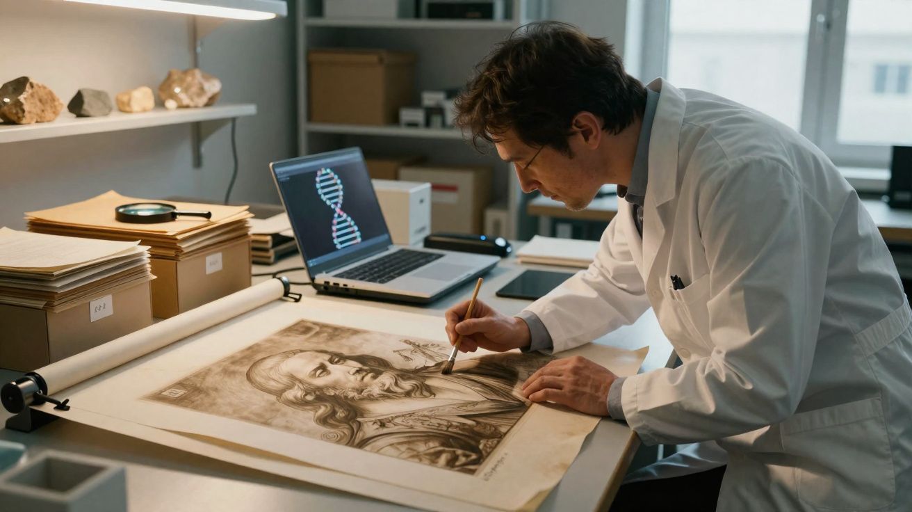 Homem em bata branca restaurando um desenho antigo numa mesa, com computador e acessórios ao fundo.