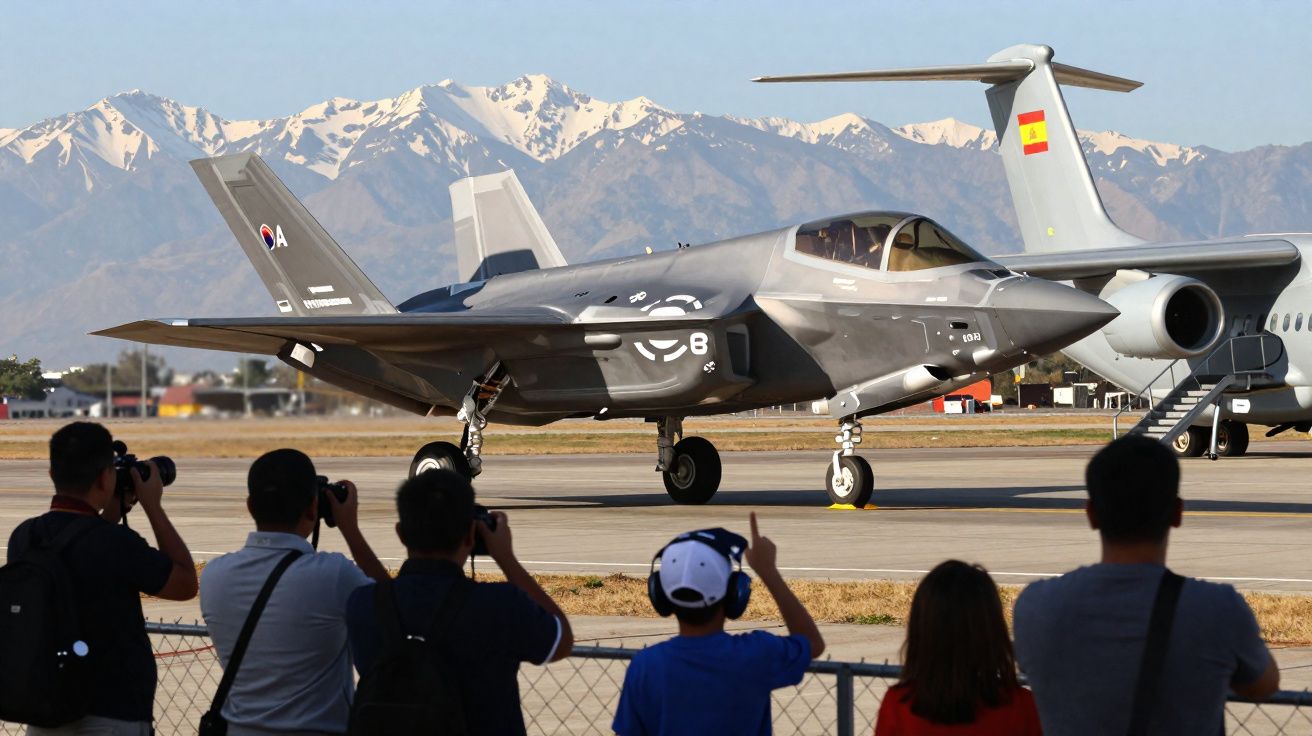 Pessoas a observar e fotografar um caça F-35 no aeroporto, com montanhas cobertas de neve ao fundo.