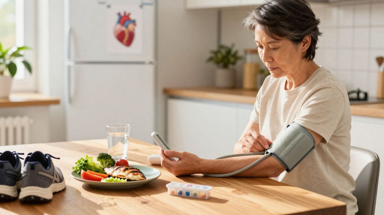 Mulher a medir a pressão arterial na cozinha com uma refeição saudável e equipamento médico na mesa.