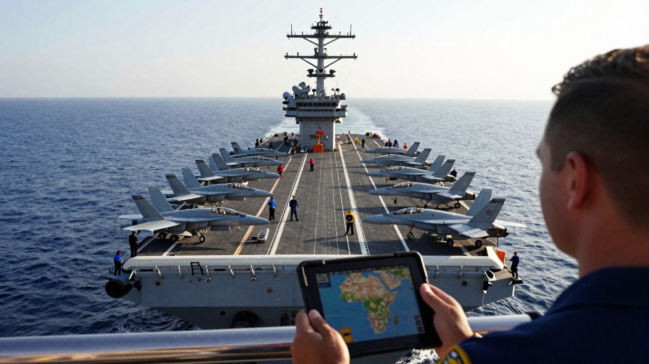 Porta-aviões no mar com caças alinhados na pista e um militar a verificar mapa digital numa tablet.