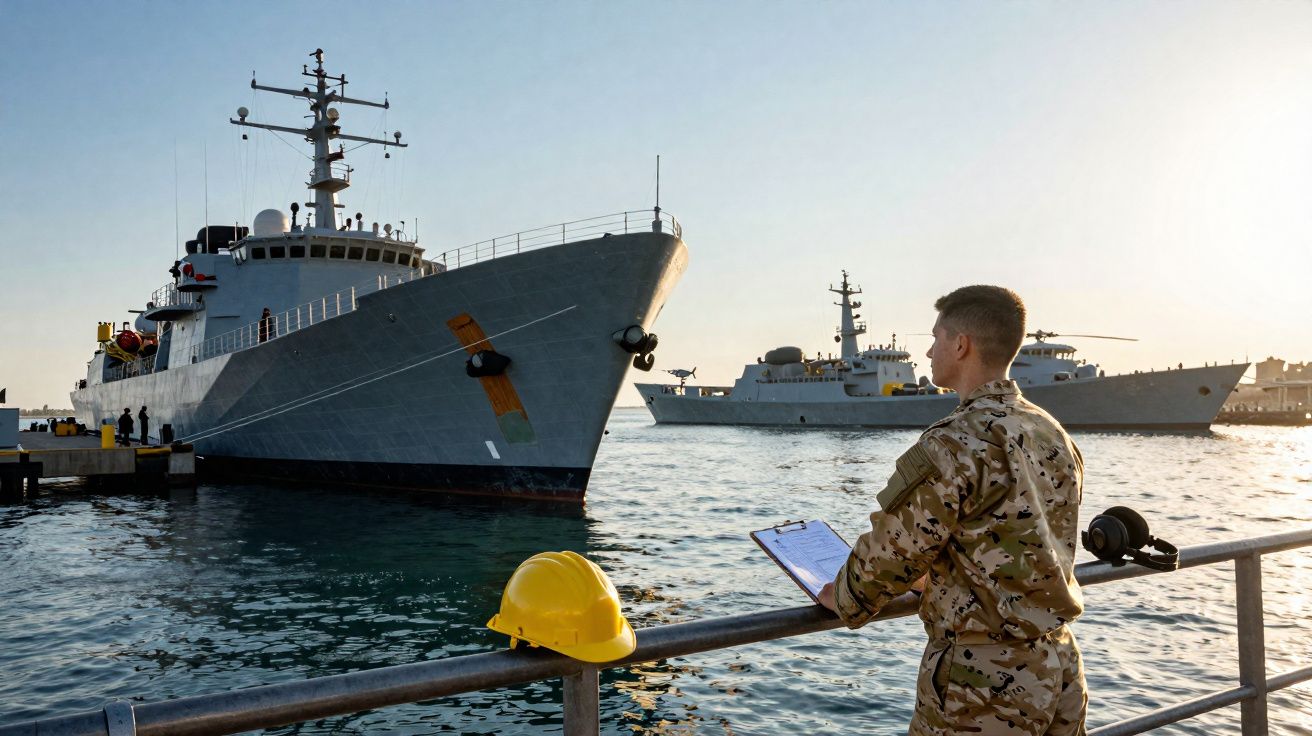 Militar em uniforme observa navios de guerra atracados num porto ao pôr do sol, com capacete amarelo na barreira.