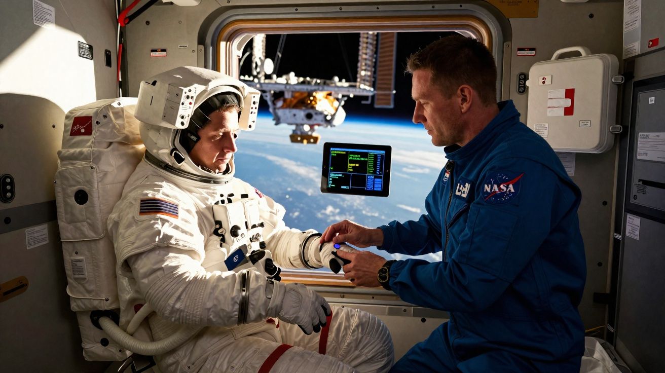 Astronauta em fato espacial e outro em fato azul com símbolo da NASA numa estação espacial com vista para a Terra.