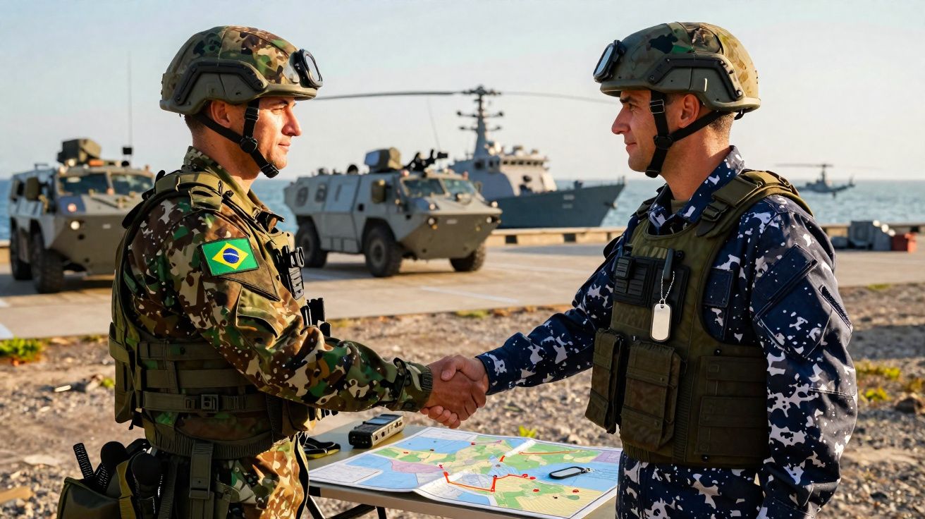 Dois soldados com uniforme militar apertam as mãos junto a uma mesa com mapa, com veículos e navio ao fundo.