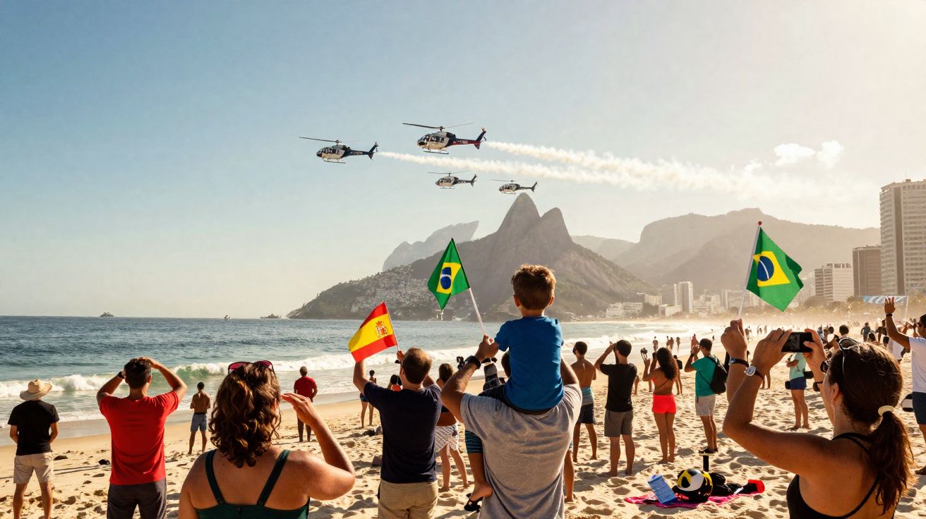 Multidão na praia a observar helicópteros em voo junto à montanha Dois Irmãos no Rio de Janeiro.