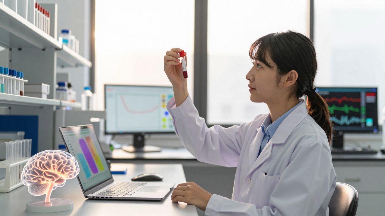 Cientista em laboratório analisa amostra de sangue sentada junto a computadores e modelo iluminado de cérebro.