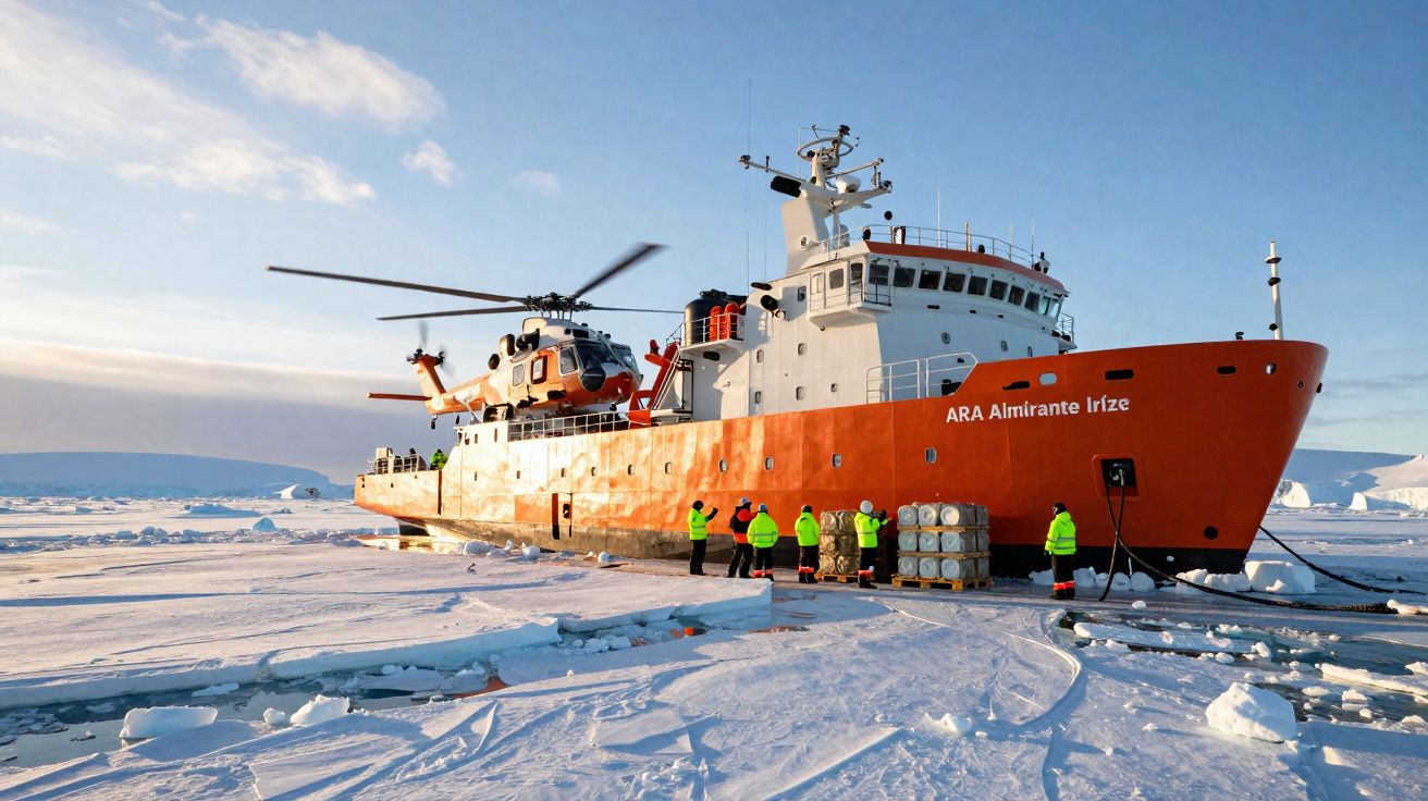 Navio de pesquisa ARA Almirante Iríze atracado em gelo com pessoas de coletes refletivos junto ao convés.